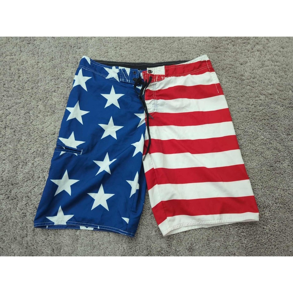 Hang Ten Swim Shorts‎ Mens 34 Inseam: 10" Drawstring Patriotic Poly Beach